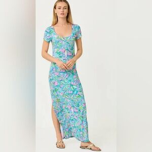 NWT Lilly Pulitzer Wynne maxi dress, pelican pink off the scales, L, side slits